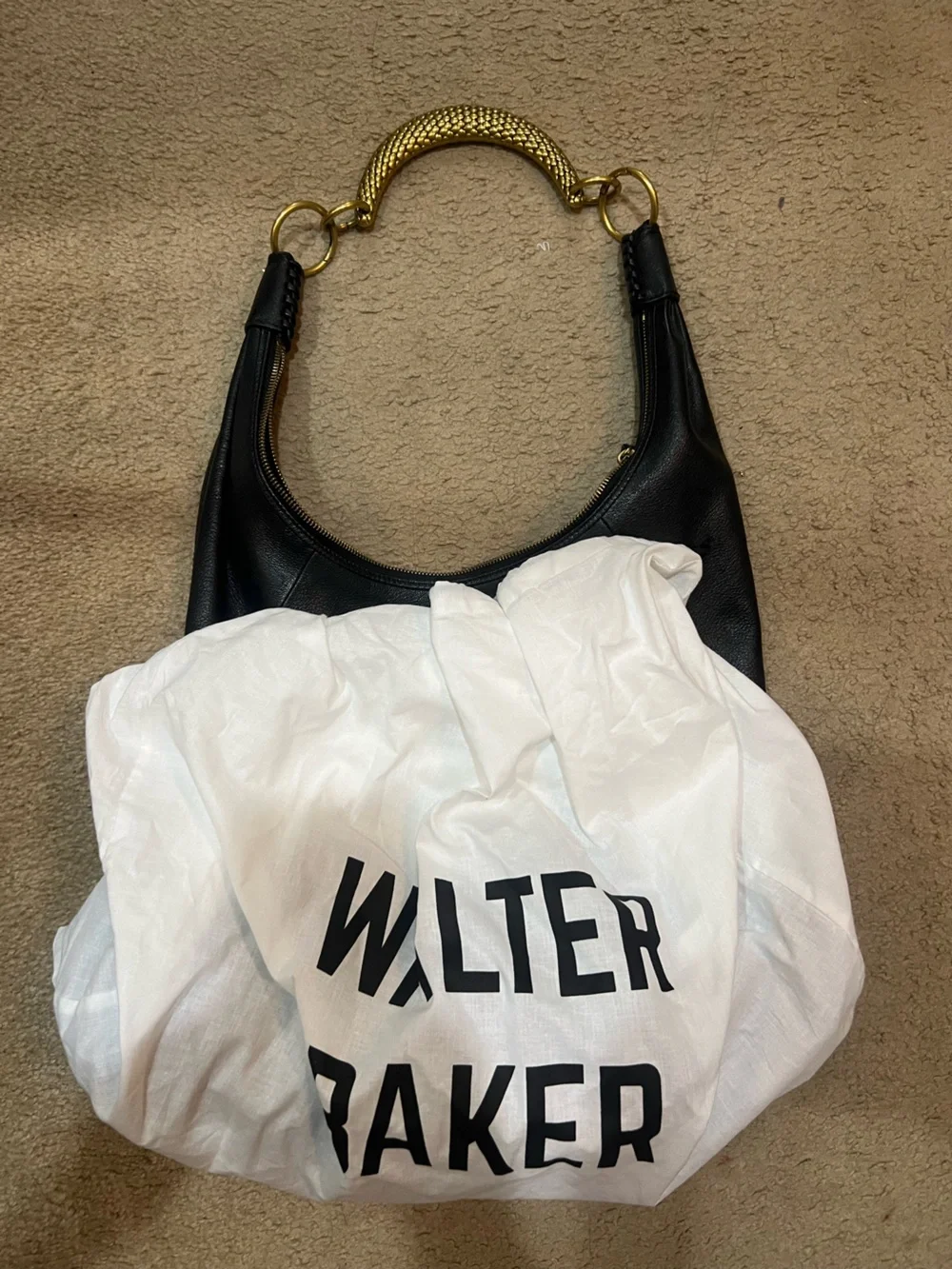 Walter Baker Black Leather Hobo with Gold Handle